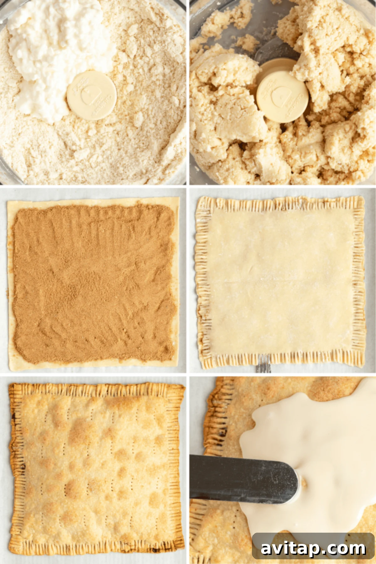 Fit Frosted Pastries 5 A step-by-step visual guide showing the process of making Protein Pop Tarts, from preparing the dough and filling to sealing, baking, and finally icing the finished pastries.