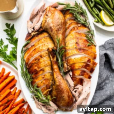 Turkey sliced and presented on a festive platter, ready to be served.