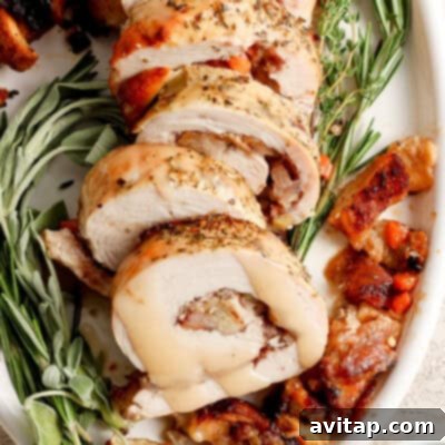 Roasted turkey roulade stuffed with sage and thyme, elegantly sliced.
