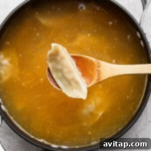 Zesty Wonton Delight 10 A pot of broth with a wooden spoon holding a dumpling above the liquid.