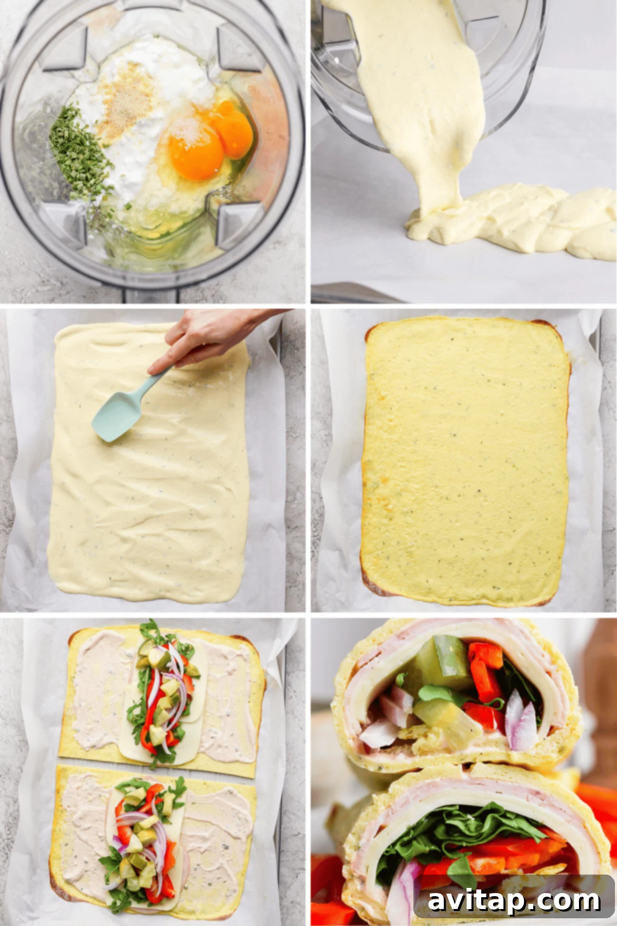 Steps of making a sandwich wrap: blend batter ingredients; spread on a baking sheet; bake to create a flatbread; add fillings; roll up the wrap; wrap cut in half showing layers.