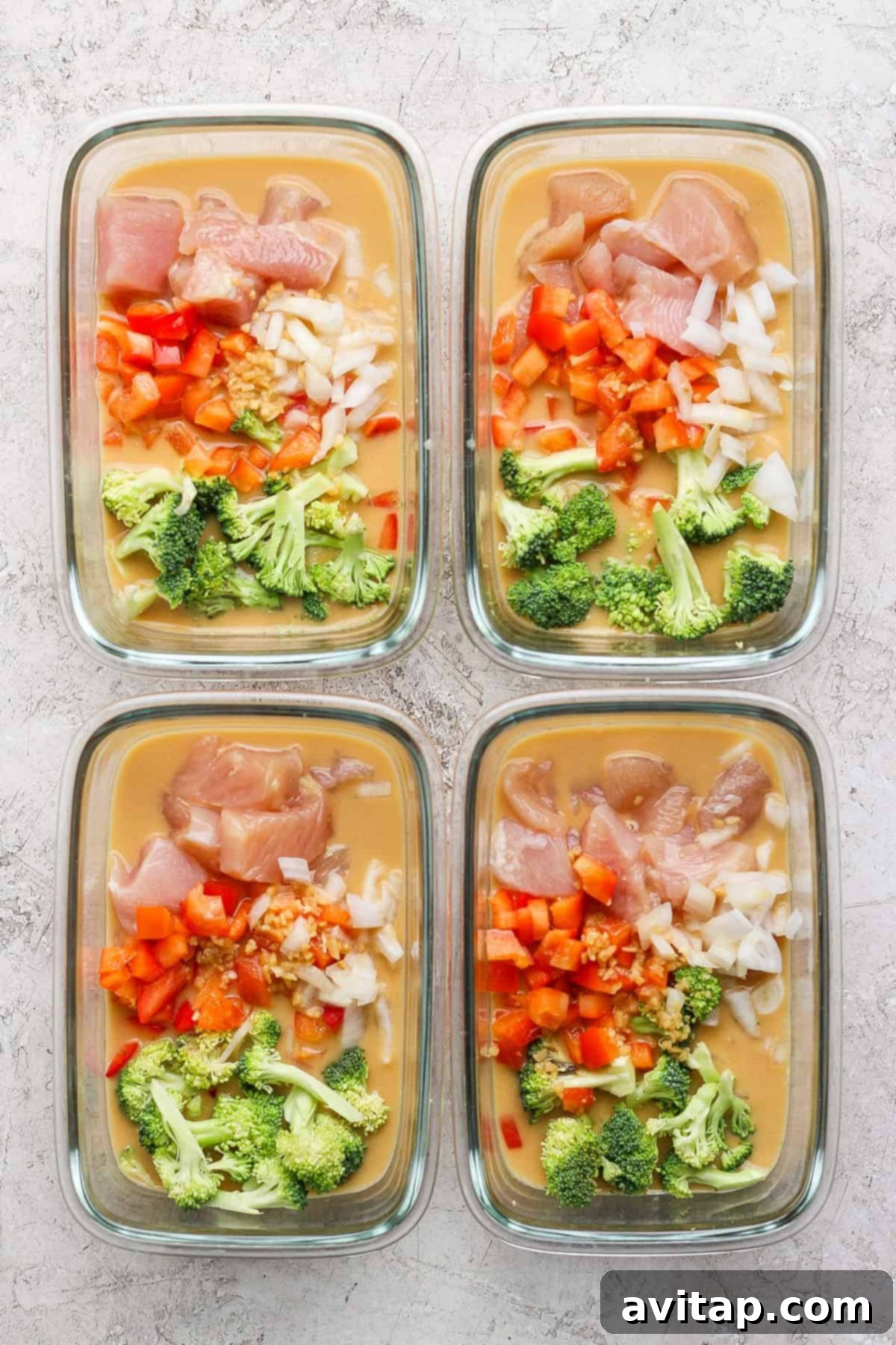Four glass meal prep containers filled with uncooked peanut chicken, diced peppers, onions, broccoli, and sauce rest on a textured surface.