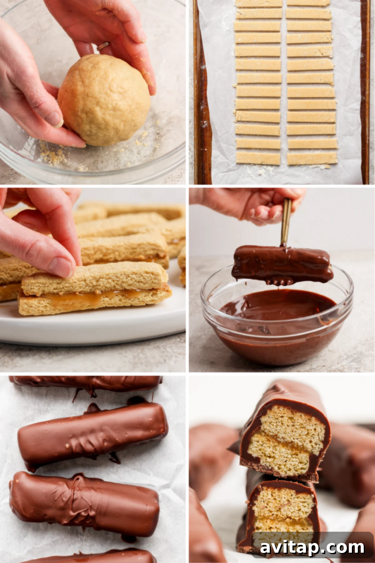 A step-by-step process of making chocolate-covered cookie bars, from dough preparation to the final dipped cookies, sliced to reveal a biscuit interior.