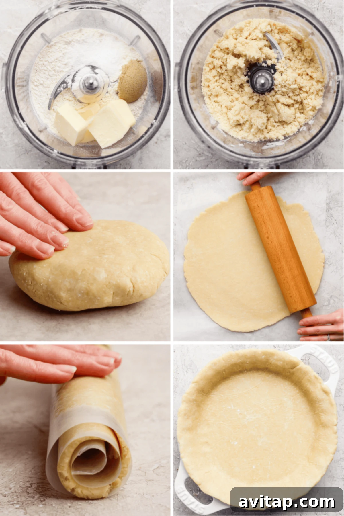 Wholesome Protein Pie Crust 4 A detailed six-step visual guide demonstrating the process of making high-protein pie crust: from initial ingredients in a food processor, to blended dough, hand-forming the dough, rolling it out, carefully transferring it onto parchment paper, and finally placing it into a pie dish.