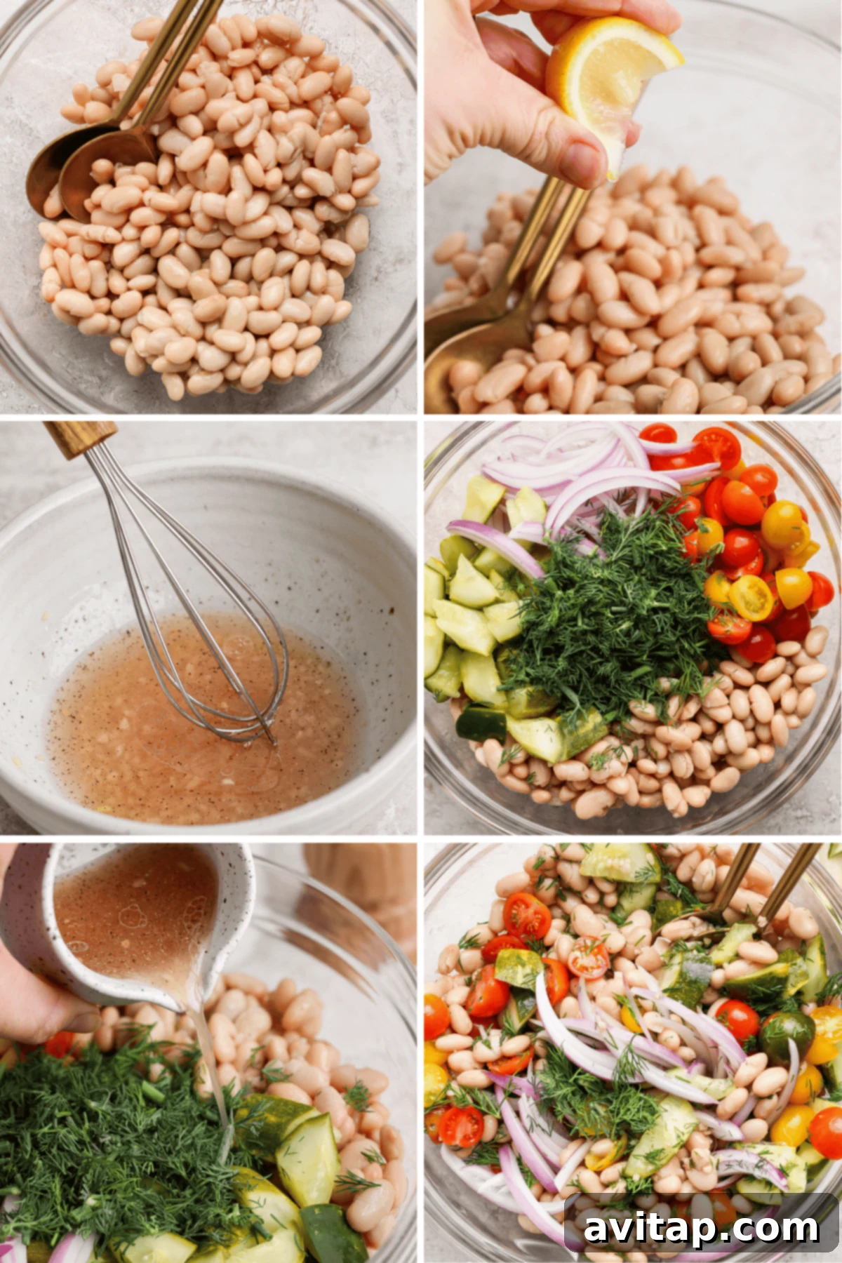 A six-panel image illustrating the step-by-step process of making white bean salad: 1. White beans in a bowl. 2. Lemon being squeezed over the beans. 3. Dressing being whisked in a separate bowl. 4. Salad ingredients (tomatoes, onions, cucumber, dill) added to beans. 5. Dressing poured over the mixed ingredients. 6. The final mixed salad, ready to serve.