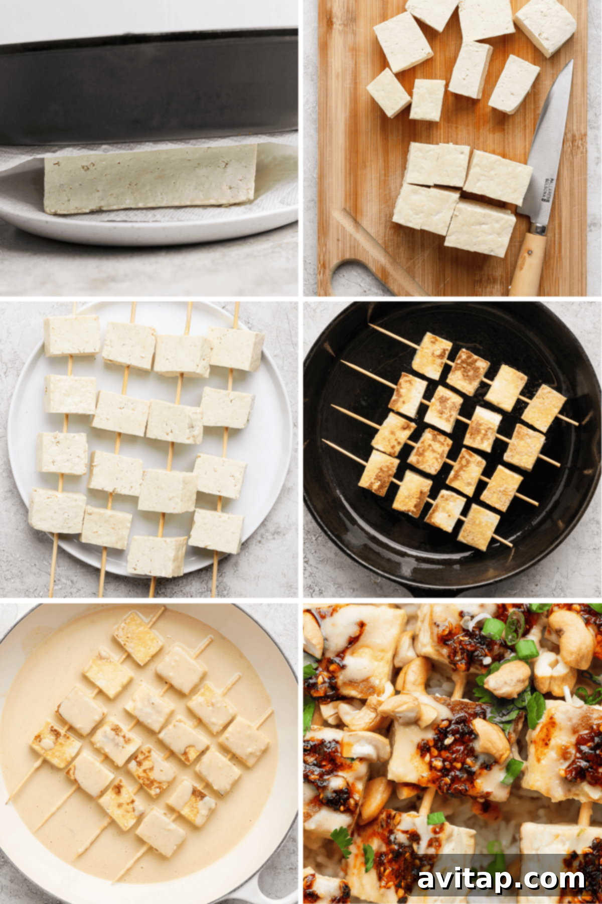 Tofu being pressed, sliced, skewered, cooked in a pan, and served with sauce and vegetables.