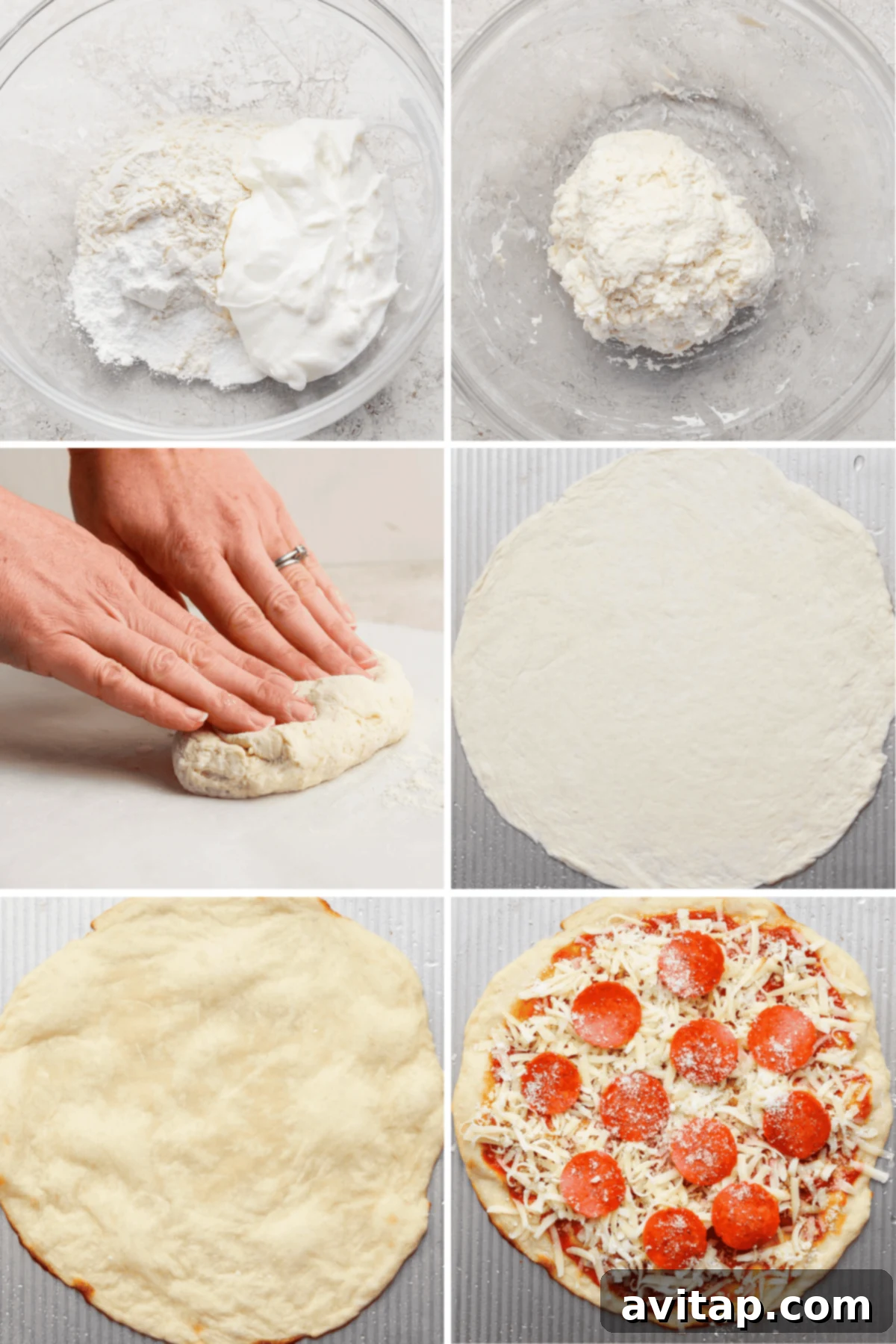 Quick 4 Ingredient Protein Pizza Dough 3 A sequence showing pizza dough preparation: ingredients in a bowl, mixed dough, kneading, rolled-out dough, baked crust, and finished pizza with pepperoni and cheese.