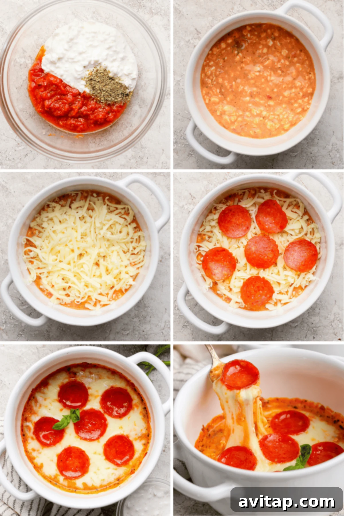 A step-by-step visual guide showing the assembly of a pepperoni pizza dip: creamy base, rich sauce, and slices of pepperoni arranged in a round white dish, ready for baking.