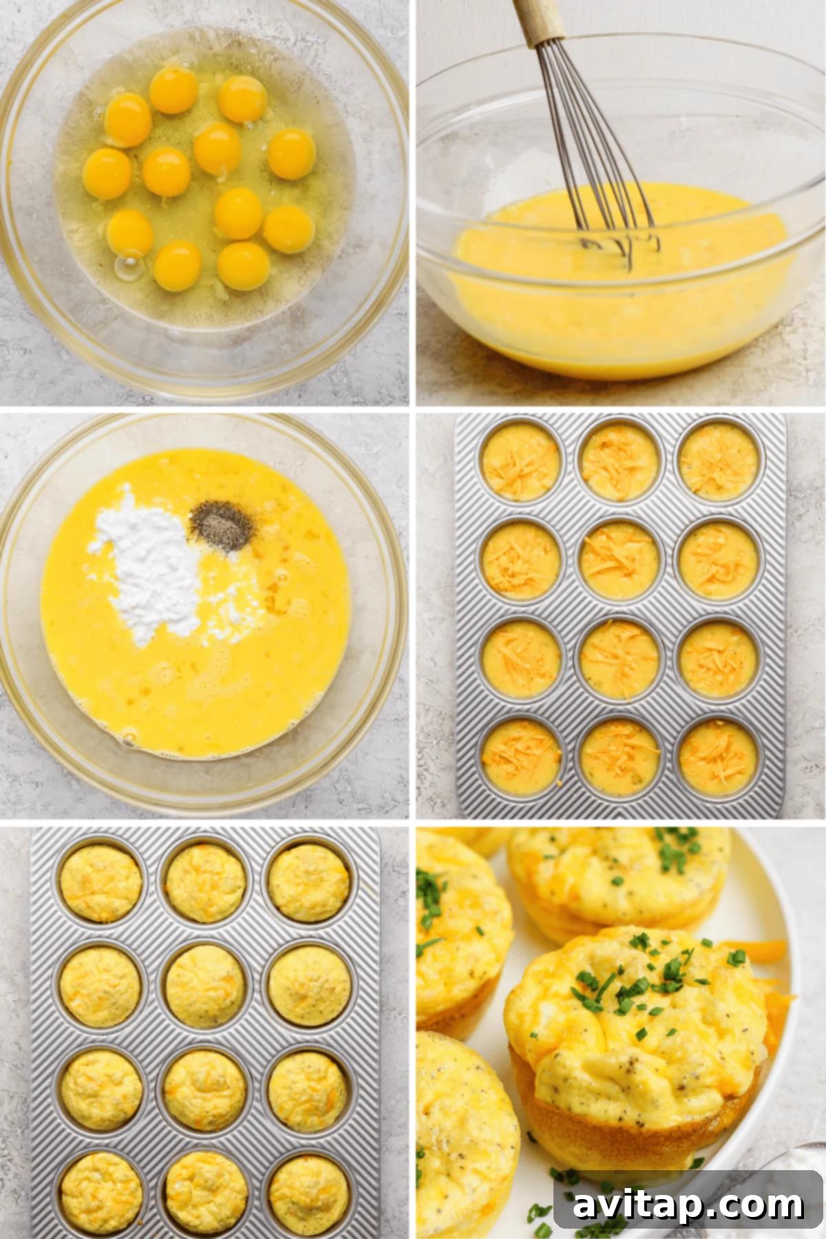 Seven cooked egg muffins with cottage cheese and herbs on a white plate, with a fork taking a piece from one.