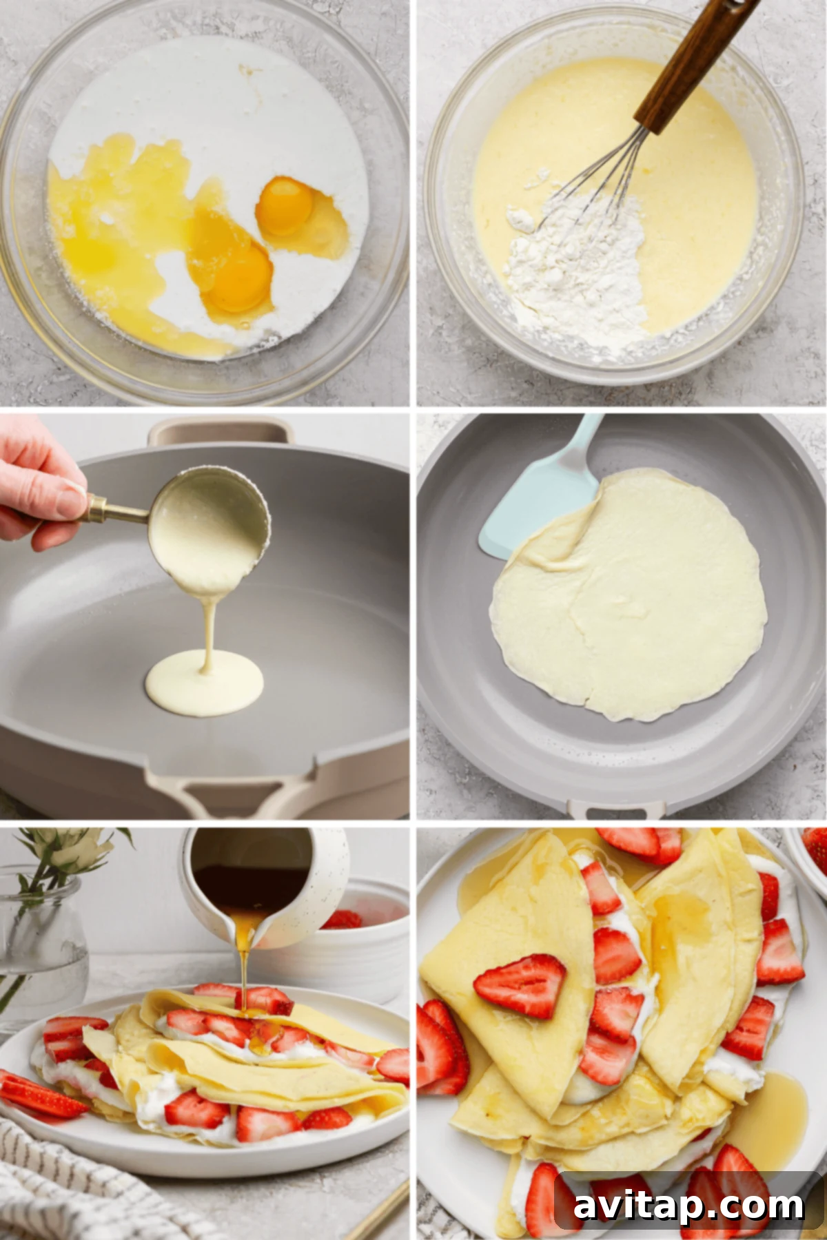 Creamy Cottage Cheese Crepes 3 A visual step-by-step guide illustrating the process of making cottage cheese crepes: from combining ingredients in a bowl to gently pouring batter into a hot pan, skillfully cooking the crepes, and finally, serving the finished delicate pancakes adorned with fresh strawberries and sweet syrup.