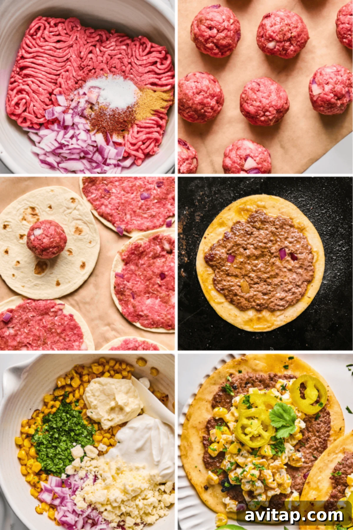 A visual step-by-step collage demonstrating the process of making Street Corn Smash Tacos, from seasoning ground beef and forming meatballs, to pressing meat onto tortillas, searing them on a griddle, mixing the corn salad, and finally, serving the completed taco.