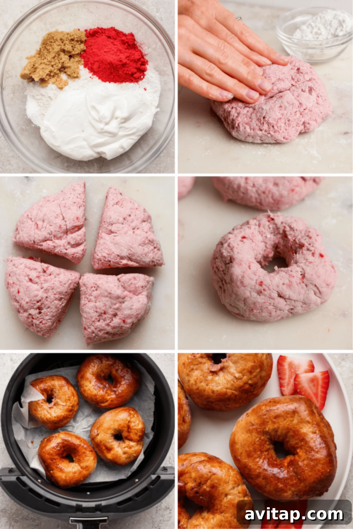 Creamy Strawberry Cottage Bagels 3 Step-by-step process of making strawberry-flavored donuts: mixing ingredients, kneading dough, shaping donuts, air frying, and serving with fresh strawberries.