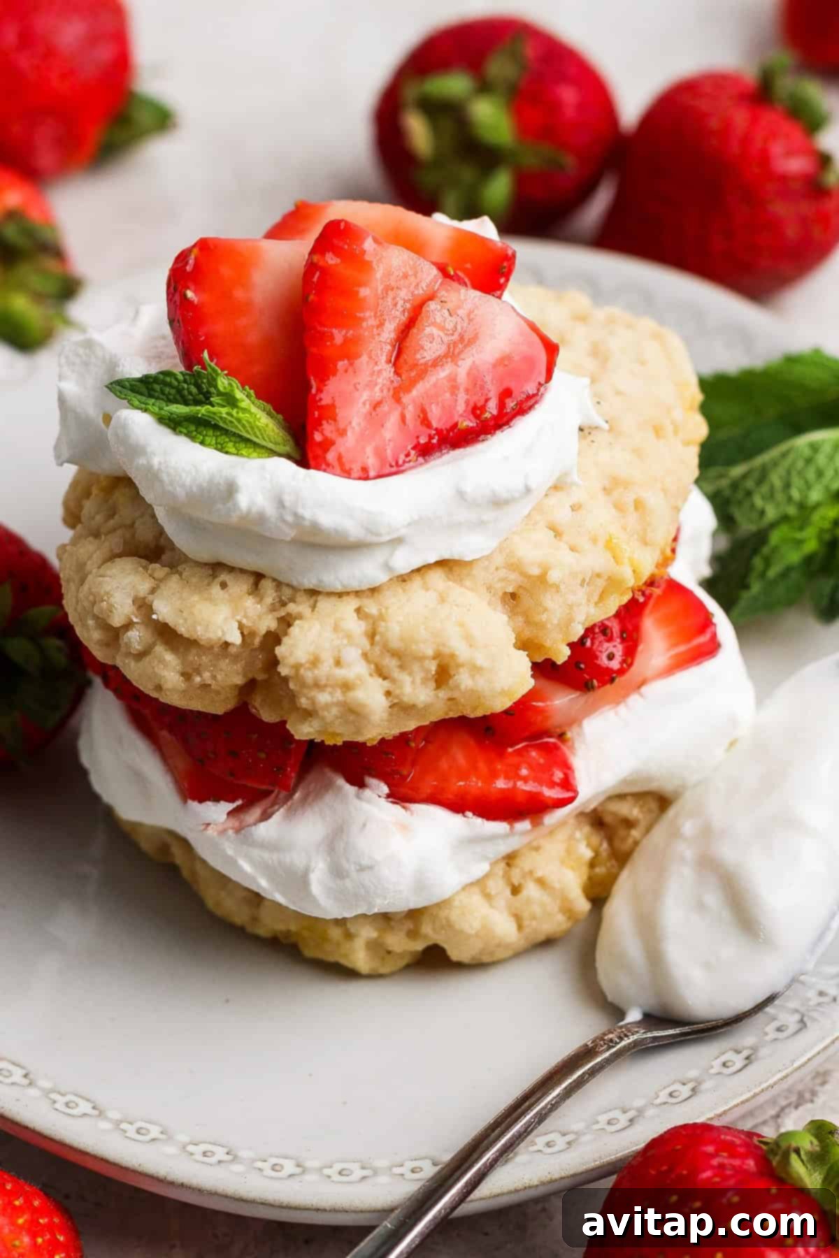 A strawberry shortcake dessert with layers of biscuits, whipped cream, and fresh strawberries, garnished with a mint leaf, on a white plate with a spoon and whole strawberries.