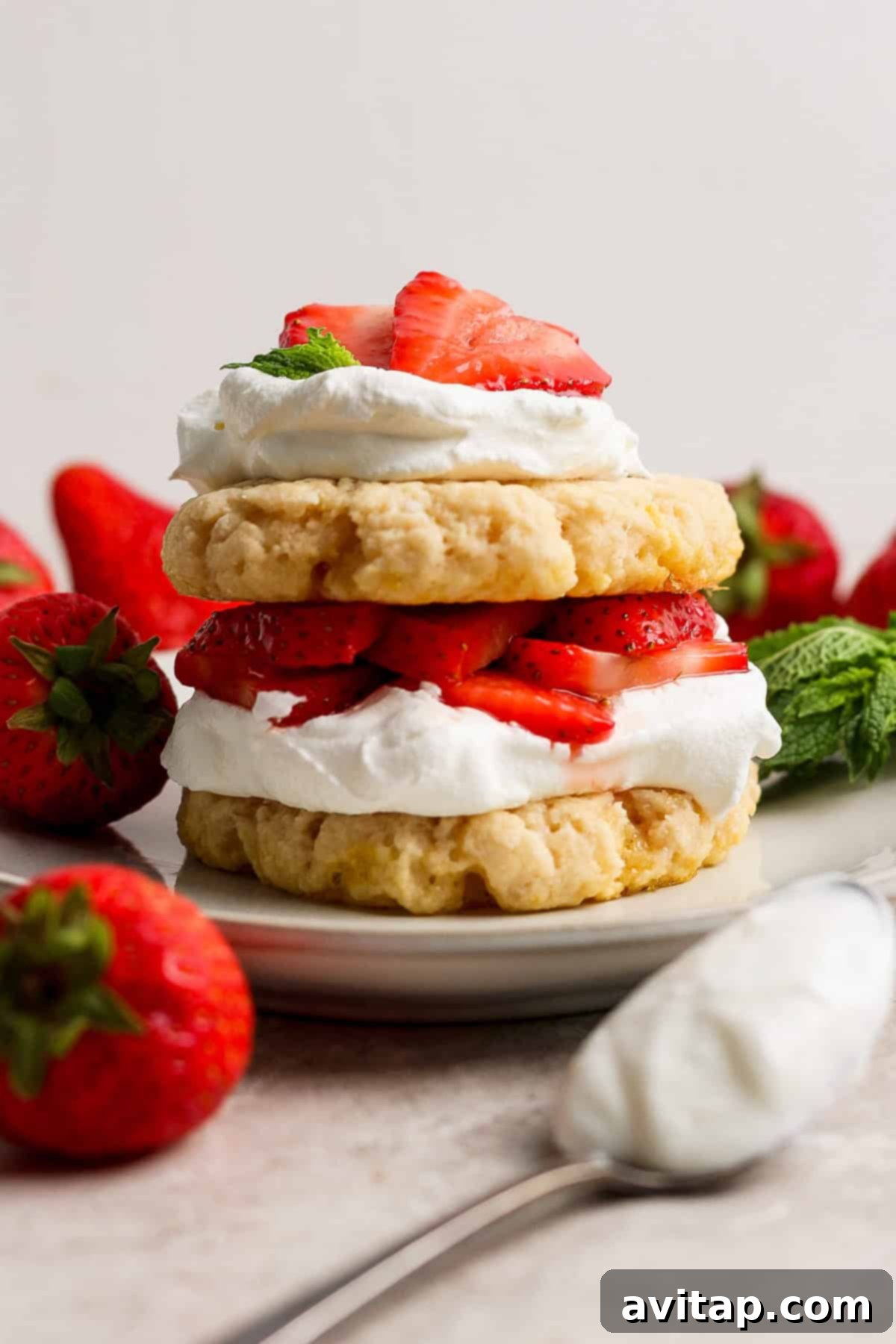 A strawberry shortcake dessert with layers of biscuits, whipped cream, and sliced strawberries on a plate, surrounded by whole strawberries and mint leaves.