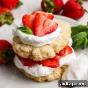 A strawberry shortcake dessert with layers of biscuits, whipped cream, and sliced strawberries, garnished with mint leaves on a white plate.