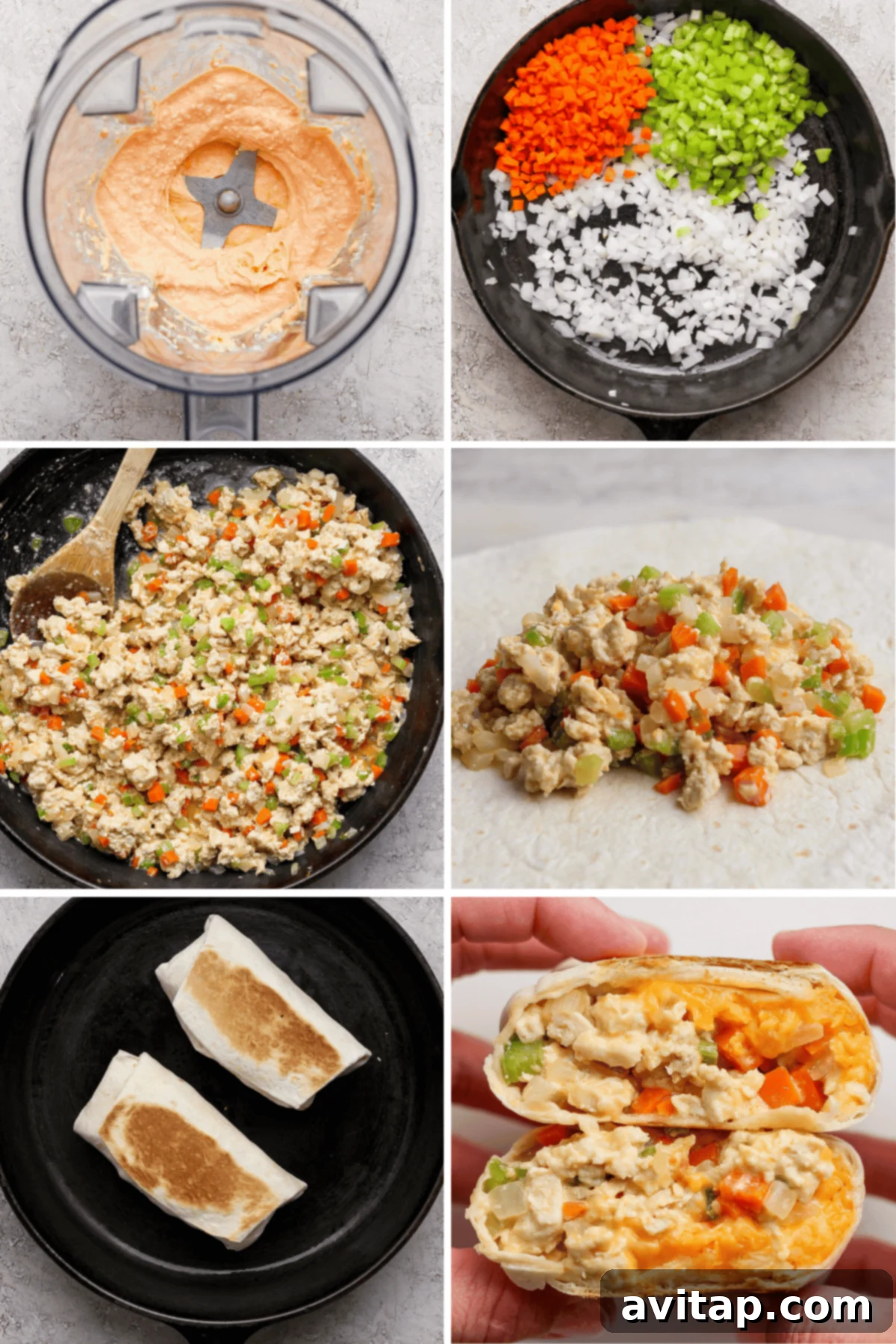 Six-step collage showing the process of making breakfast burritos: blending sauce, sautéing vegetables, cooking scramble, assembling burrito, toasting, and a hand holding a cut burrito.