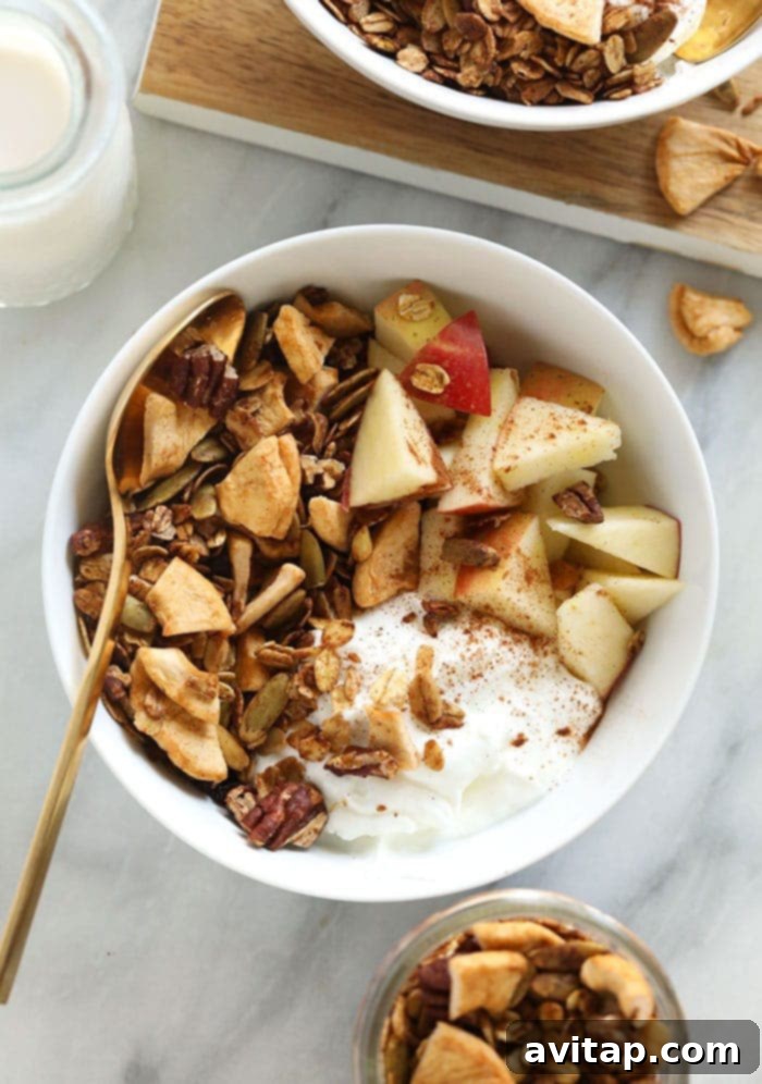 A vibrant yogurt parfait layered with creamy yogurt, fresh apple slices, and generous sprinkles of homemade apple cinnamon granola.