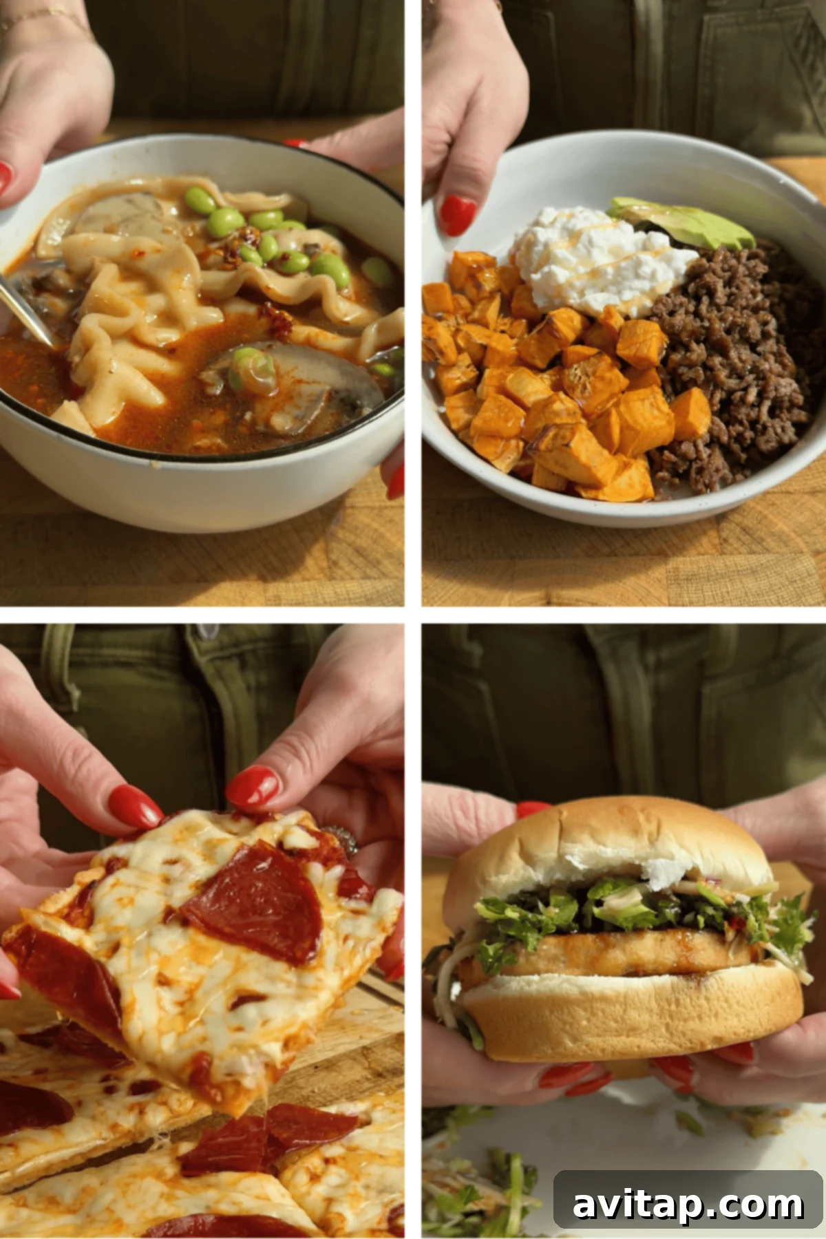 4-in-5 Meal Plan for September 2025 2 Assortment of easy 5-ingredient meals: savory dumpling soup, hearty ground beef macro bowl, cheesy cottage cheese pizza, and a delicious salmon burger, perfect for quick family dinners.