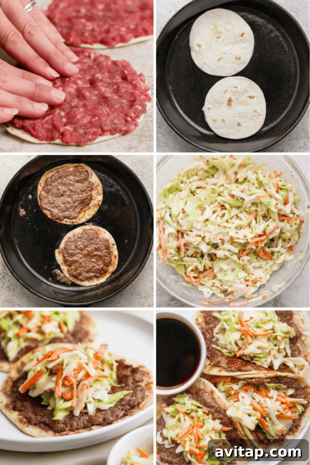 A collage showing various ingredients for Japanese BBQ smash burger tacos, including ground beef, tortillas, sauces, and coleslaw mix.