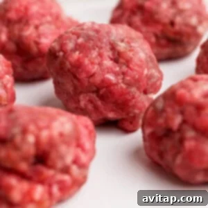 Several raw ground beef meatballs arranged on a white plate.