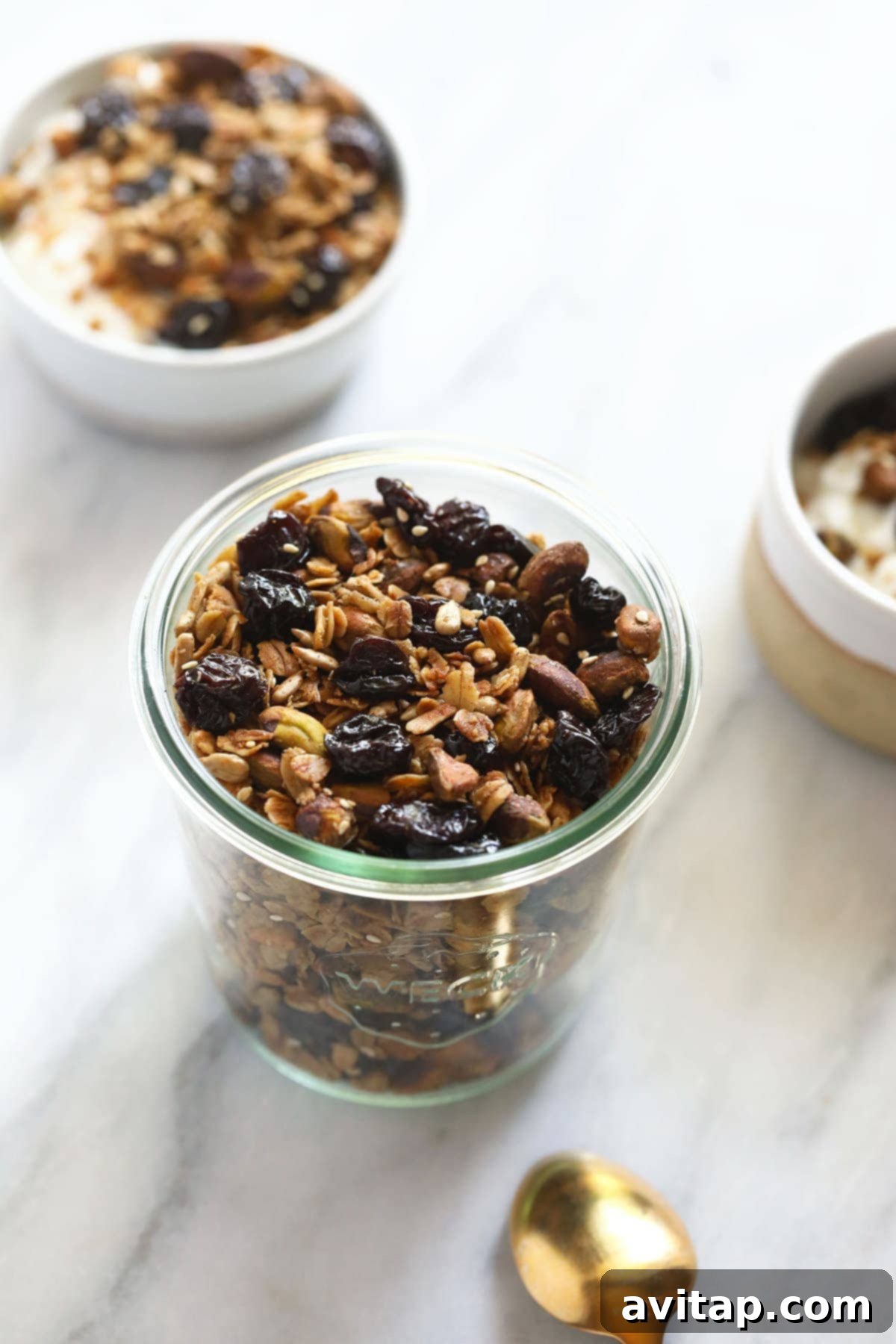 Artisan Pistachio Cherry Granola 2 A jar of granola ready to eat!