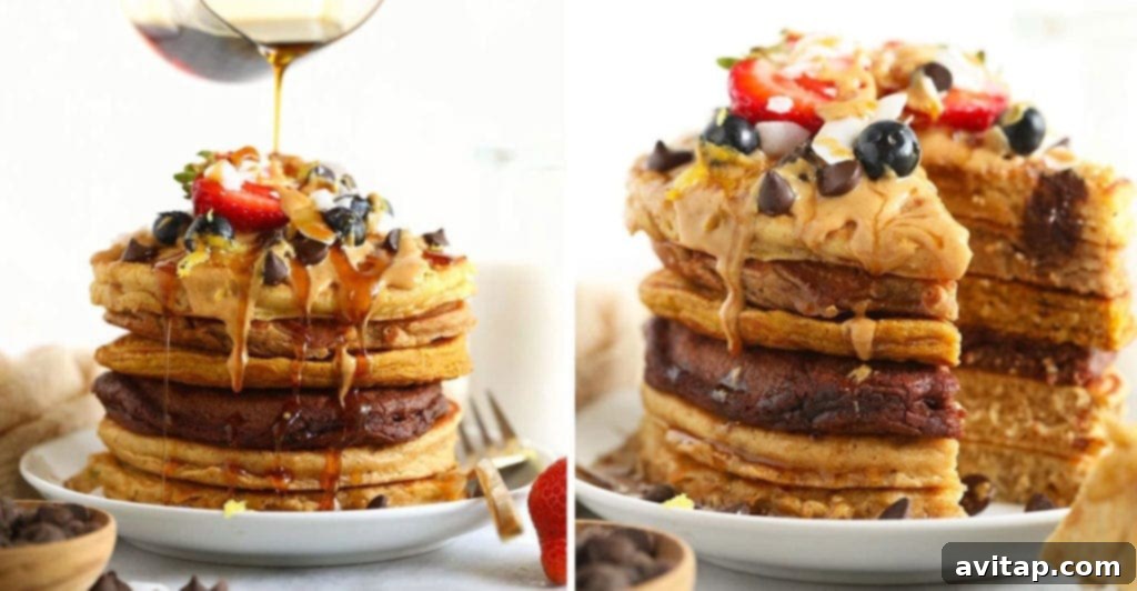 A stack of golden, fluffy pancakes being drizzled generously with amber syrup.