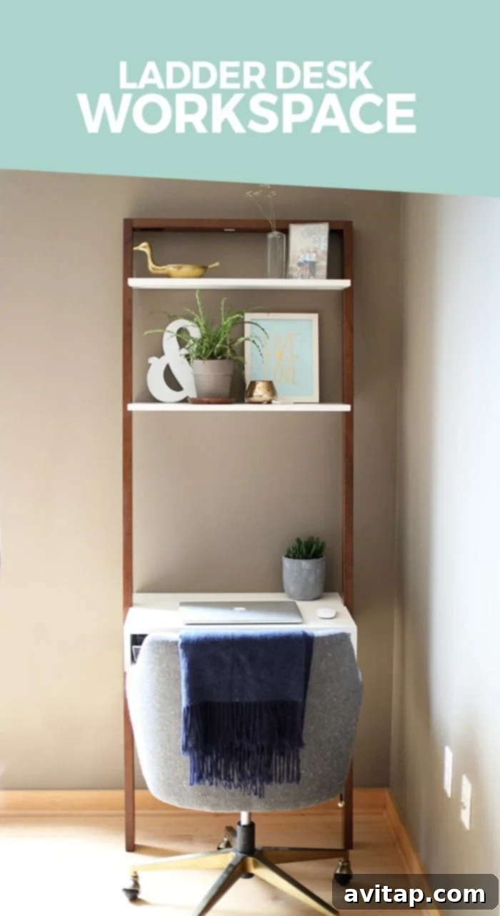 Stylish West Elm ladder desk, ideal for small workspaces and modern living, featuring a plant and decor.