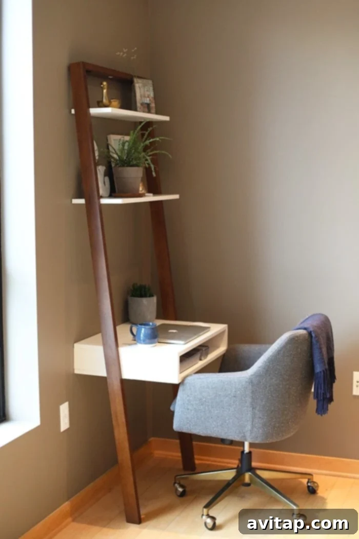 Another view of a chic West Elm ladder desk with modern decor, emphasizing a productive and serene workspace.