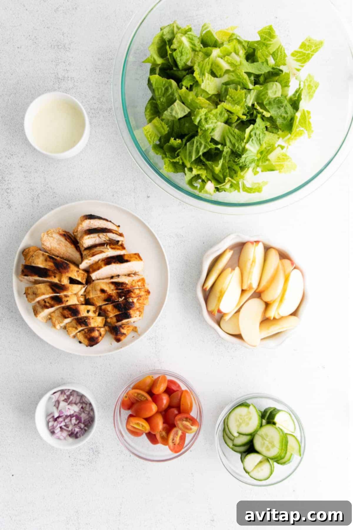 Chargrilled Buffalo Chicken Salad 5 A colorful array of fresh salad ingredients for the buffalo chicken salad.