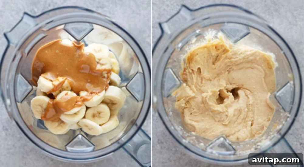 Ingredients for peanut butter banana nice cream, including frozen bananas, peanut butter, and almond milk, ready in a blender.