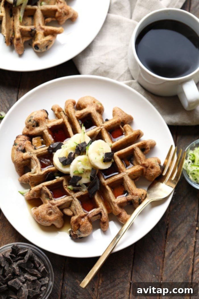 Fluffy zucchini waffles topped with fresh bananas and a drizzle of maple syrup, served on a white plate.