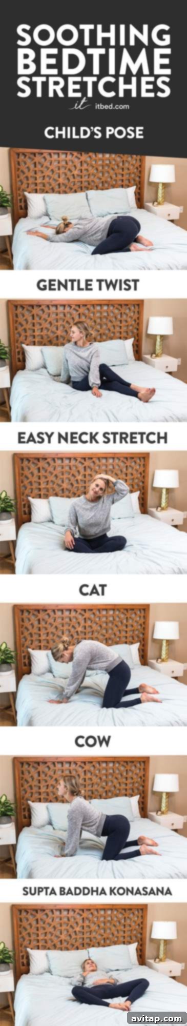 Calming bedtime stretches to relax your body and mind before sleep, featuring gentle yoga poses.
