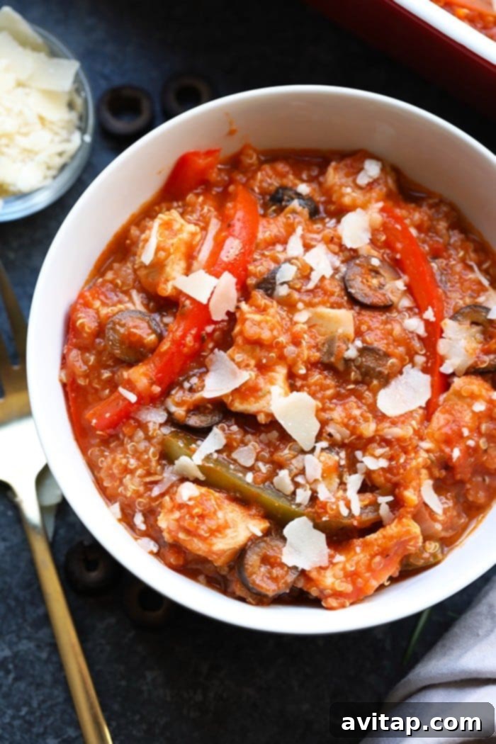 Hearty Chicken Cacciatore Quinoa Bake 5 Try this healthy and easy Meal-Prep Chicken Cacciatore Quinoa Bake for dinner this week, full of traditional Italian flavors.