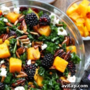 A beautiful harvest salad in a bowl with roasted butternut squash, blackberries, and walnuts.