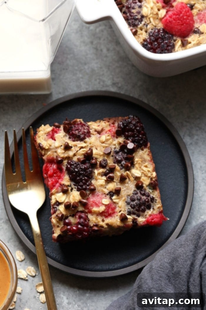 A perfectly portioned slice of Dark Chocolate Berry Baked Oatmeal on a white plate, revealing its hearty texture and generous berry distribution