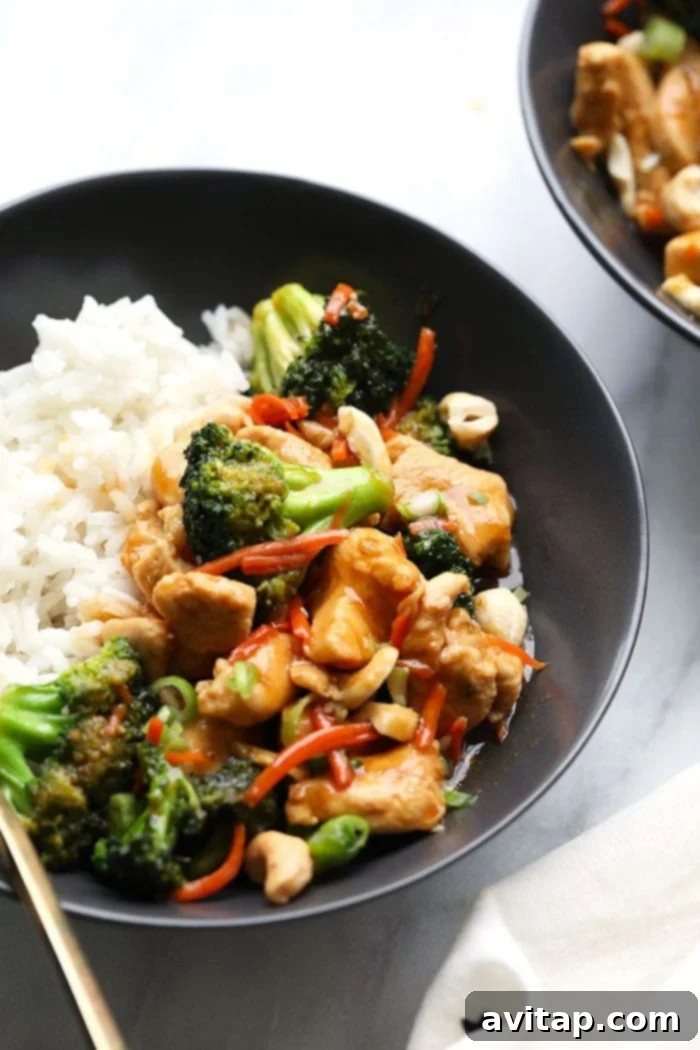 A close-up shot of a chicken stir fry in a large serving bowl, garnished with fresh herbs, ready to be enjoyed.