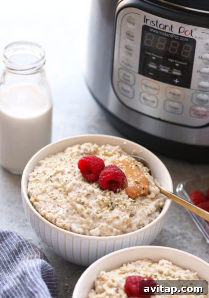 Instant Pot steel cut oats in a bowl next to the Instant Pot.