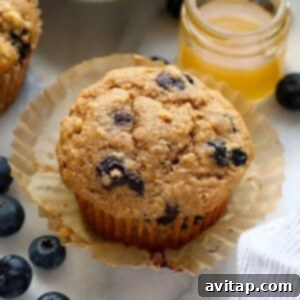 A close up of a healthy blueberry muffin on a plate.