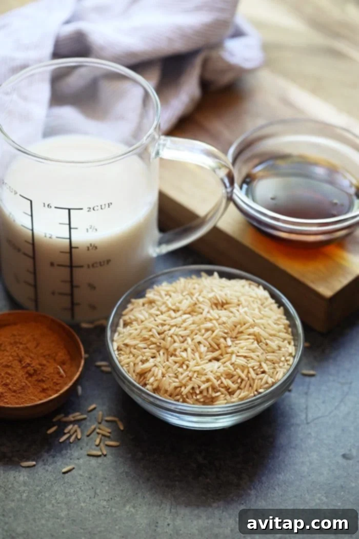 Close-up shot of the raw ingredients for brown rice pudding laid out on a table, including brown rice, almond milk, maple syrup, vanilla, cinnamon, and salt.