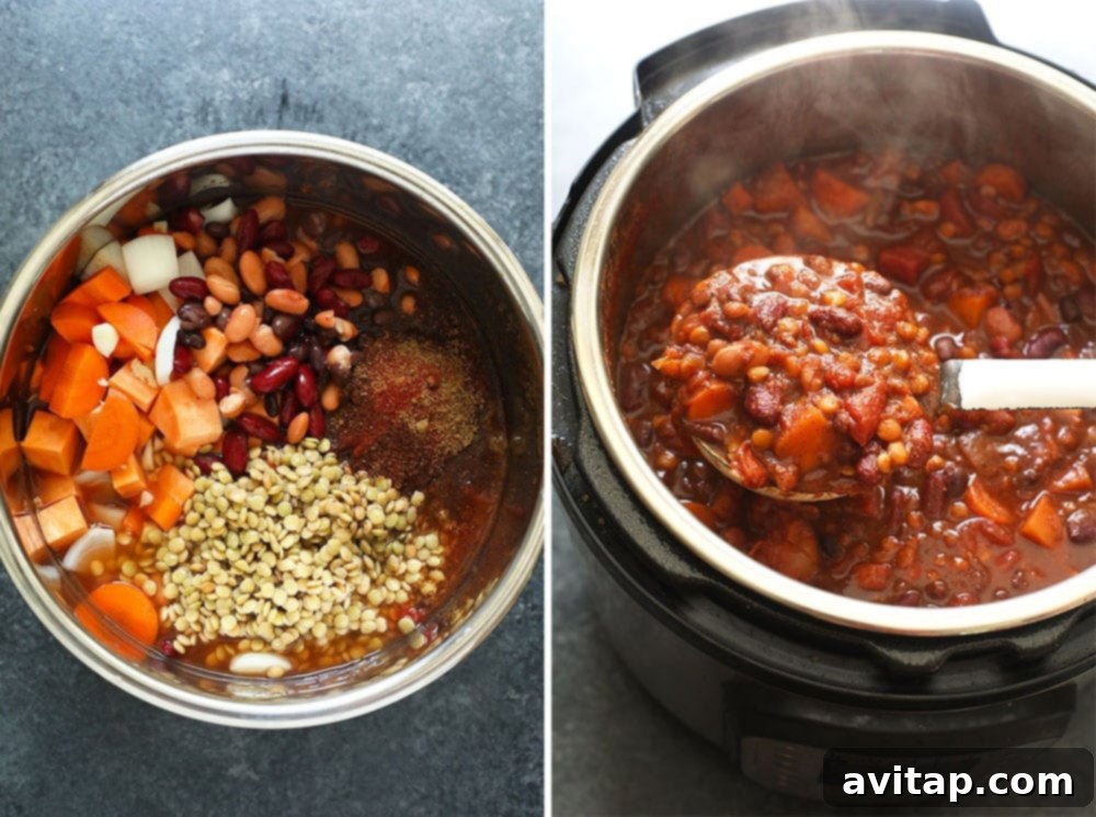 A large batch of steaming vegetarian Instant Pot chili served in a rustic pot with a ladle, hinting at its delicious warmth and readiness to be savored.