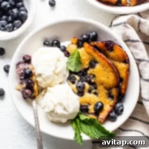 A bowl of warm blueberry cobbler with a scoop of melting vanilla ice cream on top, ready to be eaten.