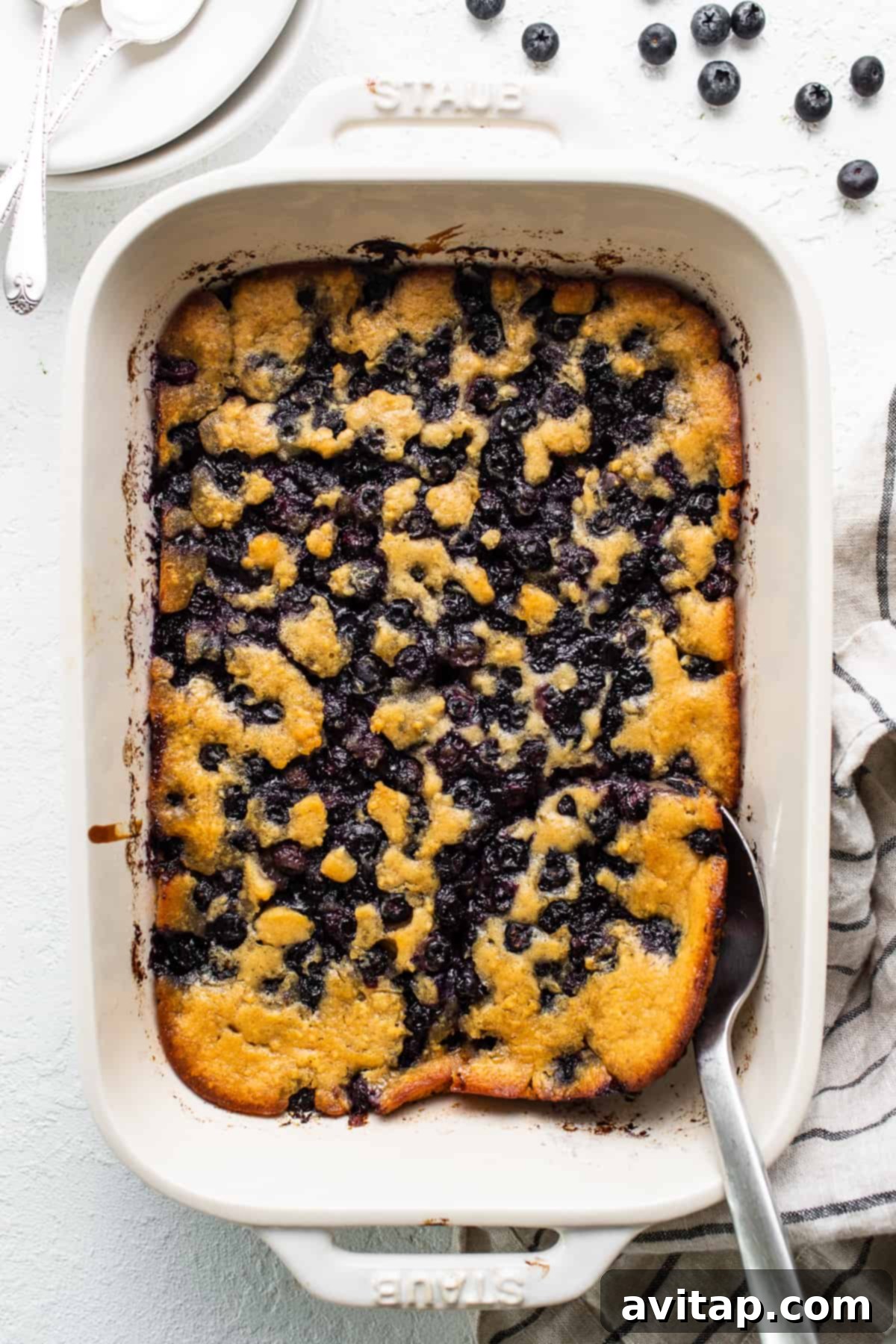 A perfectly baked, golden-brown blueberry cobbler fresh out of the oven, still in its baking dish, with the fruit bubbling enticingly around the edges.