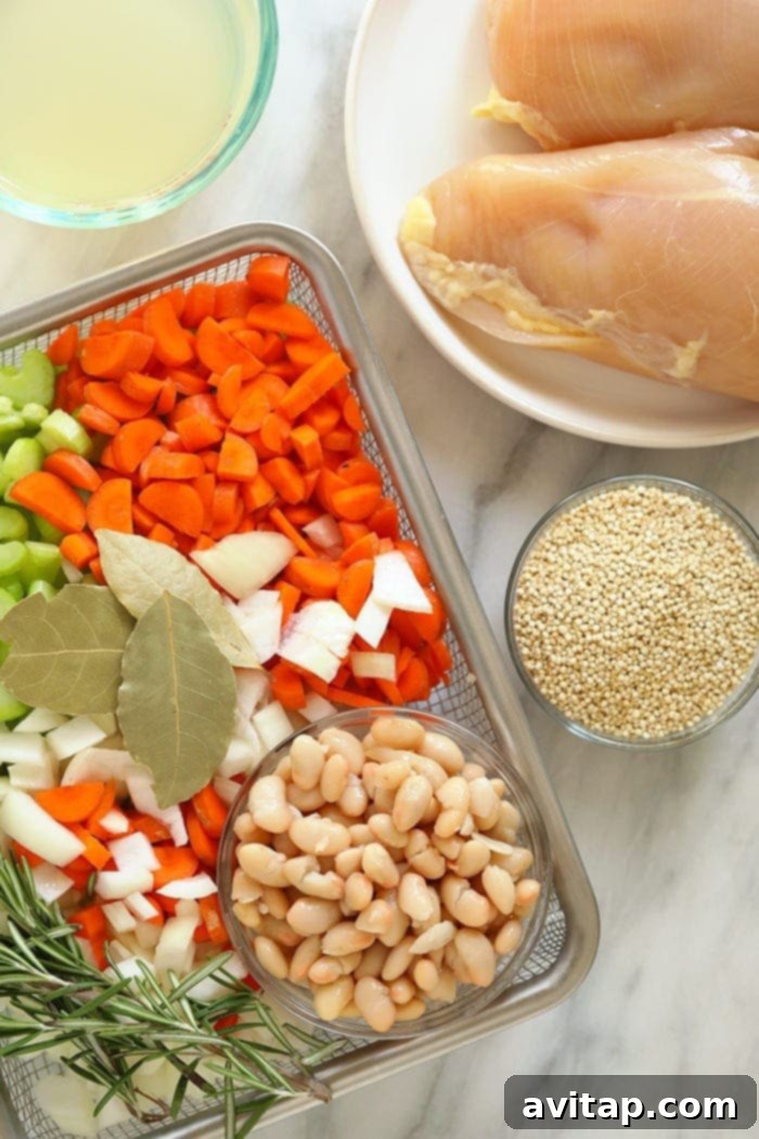 The healthy chicken soup that will make you feel better in an instant. Meet our amazing Chicken Quinoa Soup that's naturally gluten-free, protein-packed, and flavor-filled. chicken quinoa soup ingredients