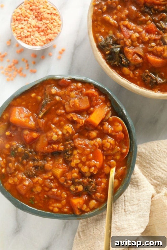A steaming bowl of vibrant sweet potato lentil stew, garnished with fresh herbs, with a spoon nestled in it, ready to be enjoyed.