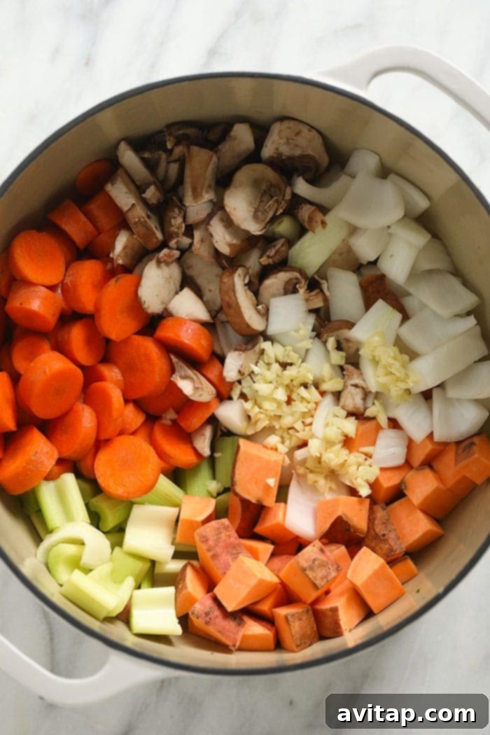 A vibrant collection of raw ingredients for sweet potato lentil stew, including chopped sweet potatoes, carrots, celery, mushrooms, onions, and garlic, prepared in a large pot, ready for cooking.