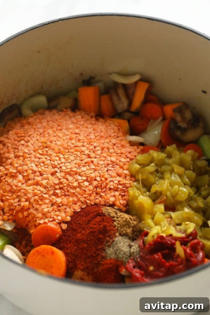 All the vibrant ingredients for sweet potato lentil stew simmer together in a large pot on the stovetop, creating a rich and aromatic base.