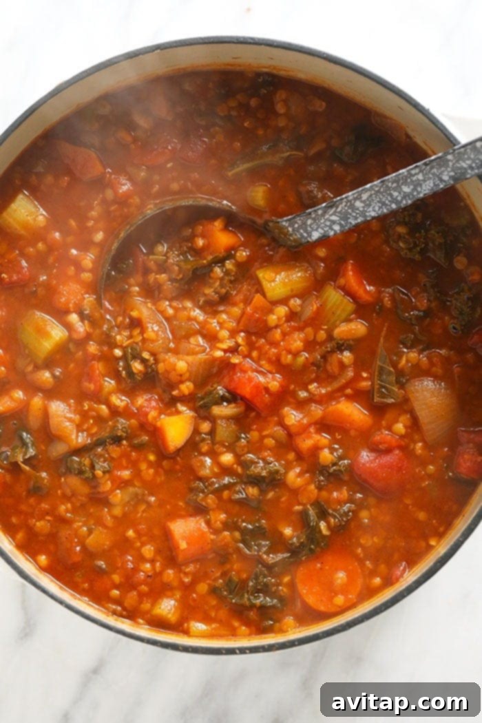 A large pot filled with a finished sweet potato lentil stew, steaming gently, with a ladle ready to serve, showcasing its rich texture and vibrant colors.