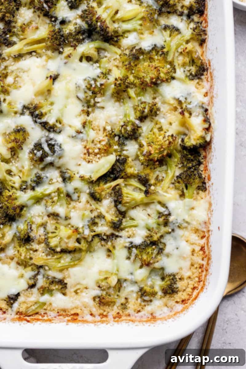 Broccoli casserole topped with melted cheese in a white baking dish.