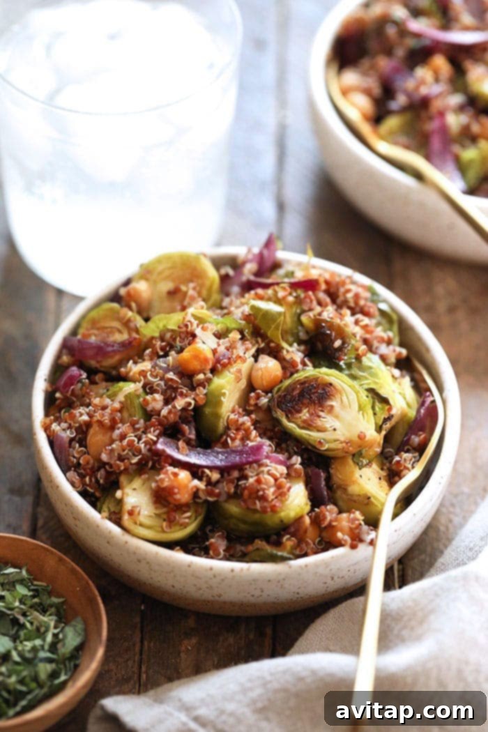 Crispy Roasted Brussels Sprout Quinoa Salad 2 Delicious roasted Brussels sprout and quinoa salad with balsamic dressing, perfect for holidays and fall meals.