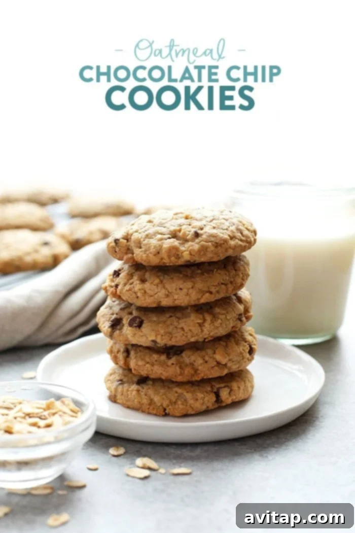 Deliciously healthy oatmeal chocolate chip cookies for a wholesome treat. Healthy oatmeal cookies stacked on a plate, showcasing their soft, cake-like texture and golden-brown edges.